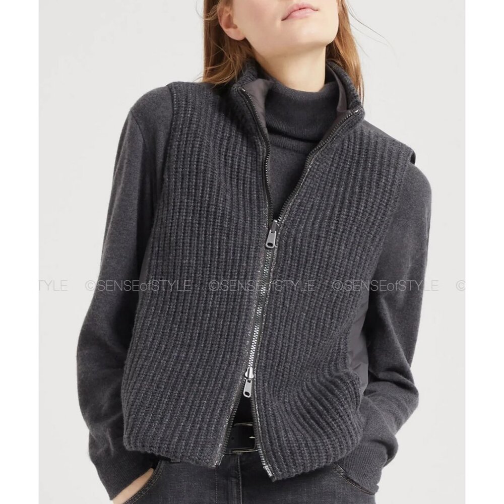 Brunello Cucinelli Cashmere Vest Jacket Top Monili Women Reversible Gray S